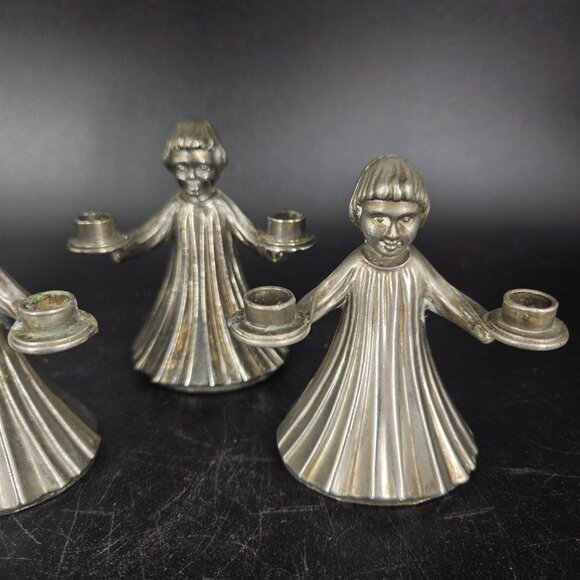 Italian Figural Child Mini Candle Holders Set of 4 Twin Arm Silver Tone Metal 3" - Picture 4 of 16